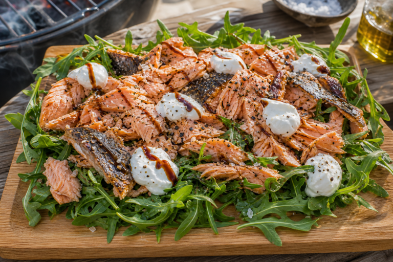 BBQ zalmzijde op rucola met crème fraîche en balsamico dressing
