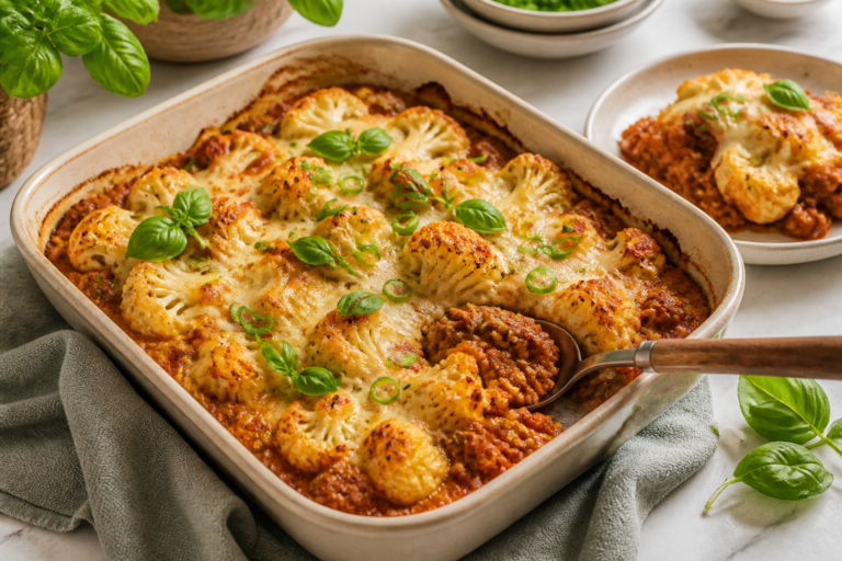 Bloemkool ovenschotel met gehakt, tomatensaus en gesmolten kaas