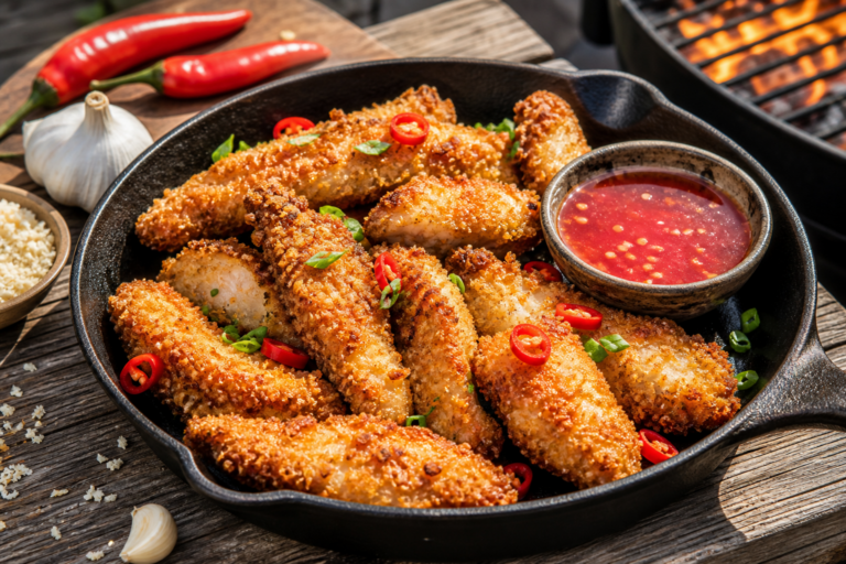 Krokante kippendijreepjes uit de skillet met zelfgemaakte chilisaus