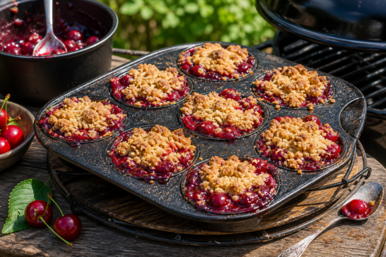 Mini kersentaartjes uit een gietijzeren muffinpan op de BBQ