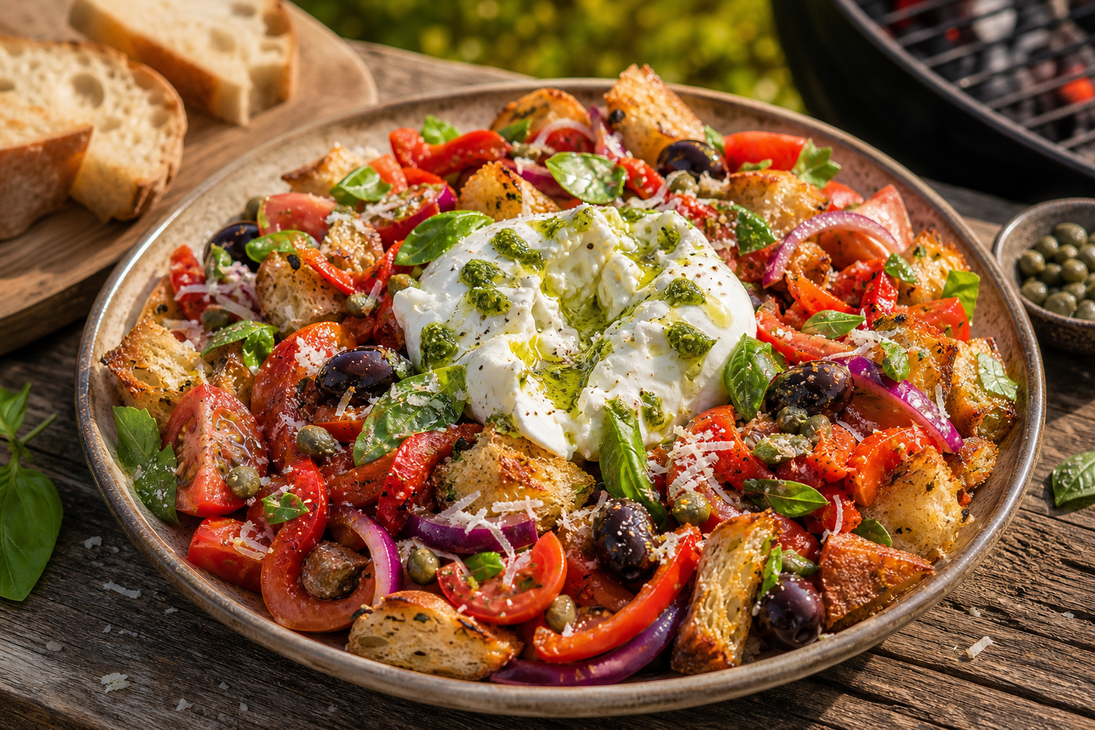 Panzanella met burrata, basilicumolie, kappertjes en olijven