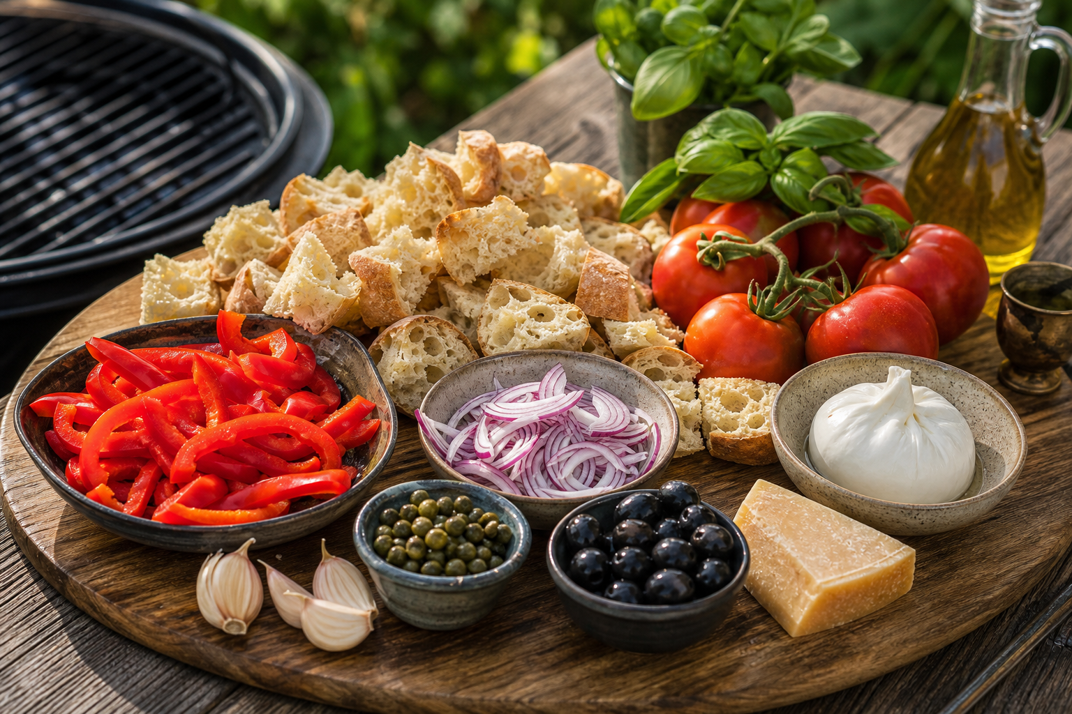 Ingrediënten voor panzanella met burrata