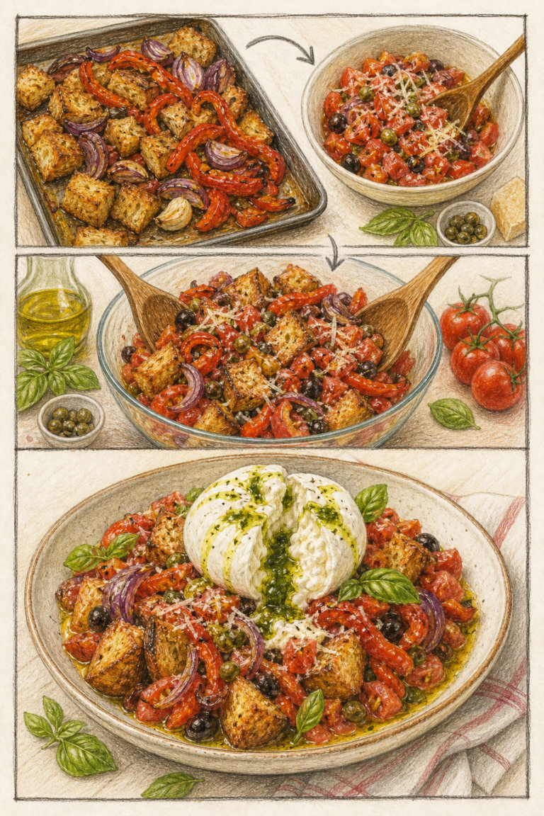 Kleurpotloodtekening van panzanella met burrata en basilicumolie
