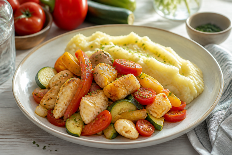 Roerbak van vis, tomaten, paprika en courgette met aardappelpuree