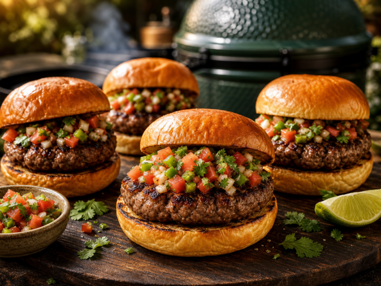 Wagyu-burgers met tomaten-paprikasalsa bij een kamado barbecue