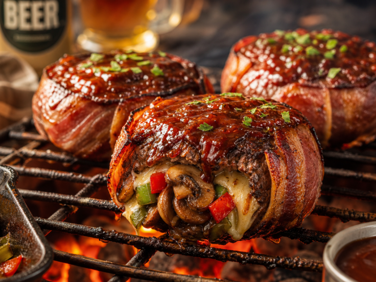Beer can bacon burgers met spek, kaas en toppings van de BBQ